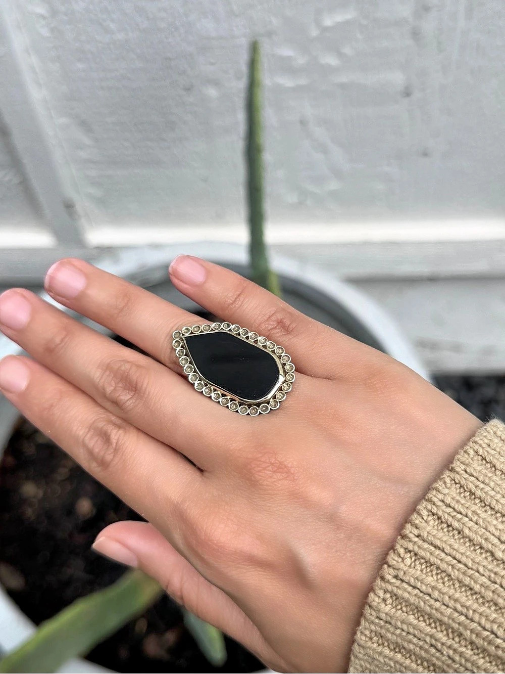 Melinda Maria Teardrop Black Statement Ring Gold Black Onyx